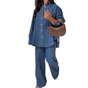 レディースカーディガンストライプシャツプラスサイズ新作ロングパンツ2点セット - Product Image 1