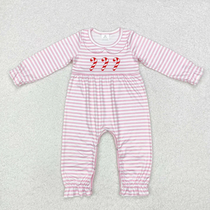 Tenue de Noël pour fillettes : Tunique rose à rayures blanches avec col Peter Pan et pantalon rouge, barboteuse pour bébé - Product Image 6