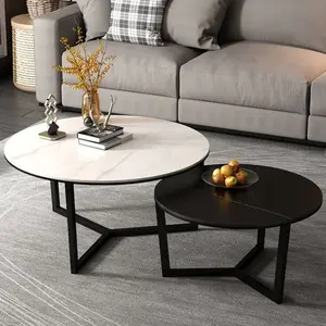 Modern Round Shape Living Room Center Black Tea Coffee Tables Marble Sintered Stone Coffee Table Sets For Home