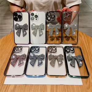 メッキボウノットスパークルダイヤモンド透明電話ケースiphone 11 12 13、iphone 14 pro maxケース韓国