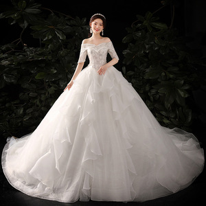 Off Shoulder Train Wedding Dress High Waisted Ball Gown Sweetheart Neckline <b>White</b> <b>Lace</b> For Brides Petite Women Lightweight - Product Image 1