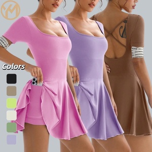 Yimo, mono deportivo de manga corta con cuello cuadrado para mujer, falda antitransparente para Fitness, conjunto para correr, traje de gimnasio ajustado de estiramiento alto para mujer - Product Image 1