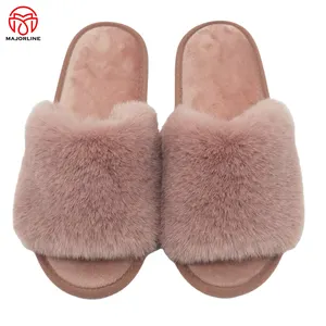 Pantoufles confortables en fausse fourrure pour femme, pantoufles d'hiver en peluche à bout ouvert, intérieur et extérieur, pantoufles chaudes en fausse fourrure de lapin pour femme, 2023AW