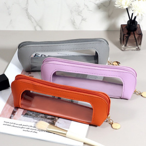 Trousse à crayons de grande capacité de style coréen pour étudiants, boîte à crayons portable en cuir PU avec fermeture éclair, étui transparent imperméable pour stylet. - Product Image 2