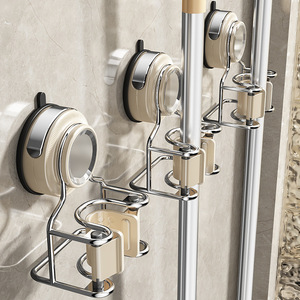Suction Cup <b>Mop</b> <b>Wall</b> Mount Stainless Steel Punch Free Bathroom Storage Holder Rectangle Chrome Finish - Product Image 1