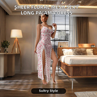 Pyjamas en tricot doux de style européen et américain pour l'été et le printemps, robe longue florale sexy, ensemble de vêtements de nuit en maille transparente avec fente
