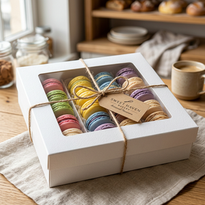 Caja <span class=keywords><strong>de</strong></span> Regalo para Macarons Biodegradable <span class=keywords><strong>con</strong></span> Logotipo Personalizado, Etiqueta <span class=keywords><strong>de</strong></span> Papel Kraft <span class=keywords><strong>con</strong></span> Serigrafía, Cuerda <span class=keywords><strong>de</strong></span> <span class=keywords><strong>Yute</strong></span>, Lazo, Ventana Transparente, Caja para Postres para Panadería - Product Image 1