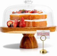 Support à Gâteau Multifonctionnel en Bois d'Acacia 2-en-1, Dôme en Acrylique Incassable, Présentoir à Dessert, Assiettes à Gâteau, Charcuterie, Fromage