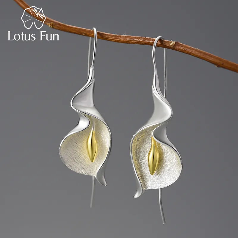 hand made Long Hanging New Calla Lily Flower Dangle drop Earrings 925 Sterling Silver 18k gold fine jewelry for girl women