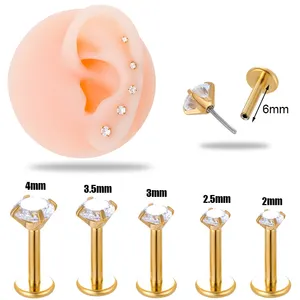 HENGSEN 16G*6mm Threadless Push Pin Stainless Steel Flat Back Cubic Zirconia Ear Cartilage Earrings Stud Helix Piercing Jewelry