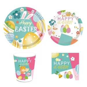 Vajilla MM046 para decoración de fiesta de Pascua, platos de papel estampados de conejo, vasos y servilletas