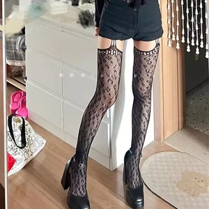 Black Lace Trimmed <b>Fishnet</b> Thigh High Stockings Women Breathable Nylon Transparent Japanese Fashion Style - Product Image 1