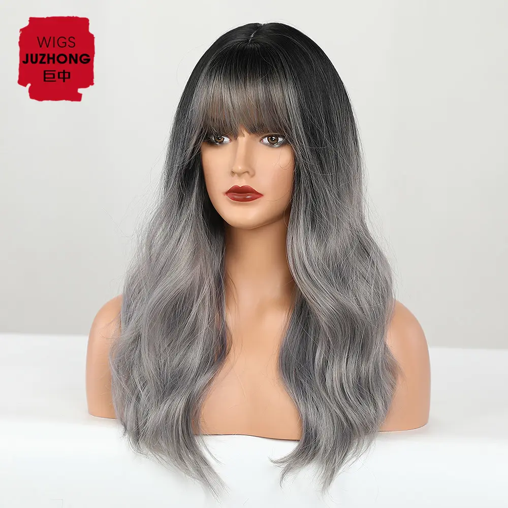 New Hair High Quality Wigs Long Ombre Black to Grey Body Wave Synthetic Wigs with Bangs