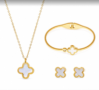 Ensemble de bijoux pour femmes en acier inoxydable 316L, collier à double anneau trèfle à quatre feuilles, bracelet, 3 pièces, tendance, simple, cadeau de mariage