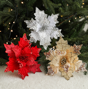 لمسة حقيقية الأحمر والأبيض الذهب البونسيتة الترتر زهرة اصطناعية كبيرة المخملية البونسيتة لتزيين عيد الميلاد - Product Image 5