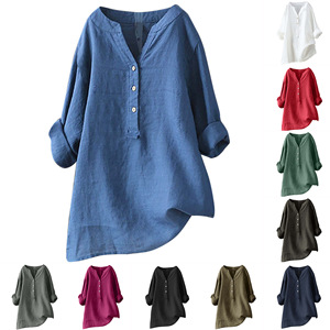 Camicia da donna in lino tinta unita con bottoni, scollo a V, maniche lunghe, casual, con tasche, 21 colori disponibili, taglie dalla S alla XXXXL Plus Size - Product Image 1
