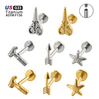Piercing Labret en Titane F136 à Filetage Interne, Motifs Marteau, Ciseaux, Étoile de Mer, Dos Plat, pour Lèvre et Cartilage