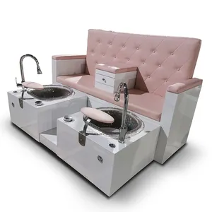New Luxury Pink Tufted Leather Foot Spa Pedicure Chairs Bench Wooden Base Double Pedicure Stations For Sale