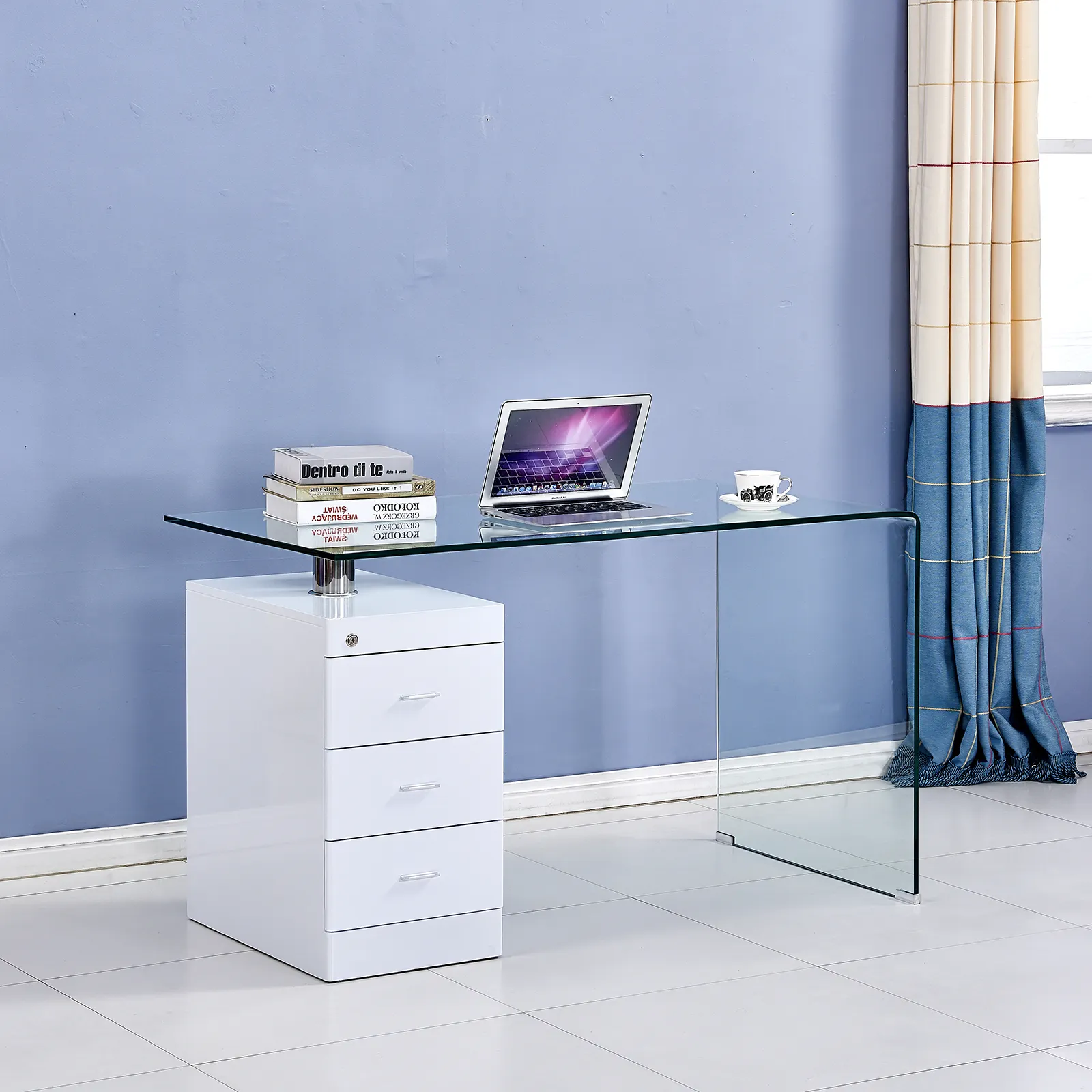 Small L Shape Glass Office Furniture Desk Table Corner Desk Design With Wood Drawer Storage For CEO Furniture