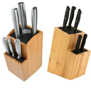 Kitchen Extra Large Two-tiered Slotles Wooden Knife Organizer Holder Stand Bamboo Universal Knife Block