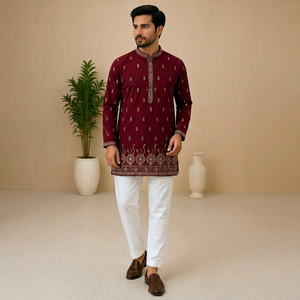 Kurta Marrón para Hombre con Detalles Bordados, Cuello Mandarín, 100% Algodón, Ropa Formal de Otoño - Product Image 1