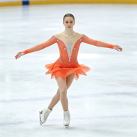 Robe de patinage artistique orange pour enfants et adultes, manches longues en maille, strass, jupe asymétrique en mousseline, pour compétition et spectacle de patinage sur glace