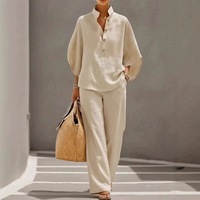 Fabricant OEM de tenues décontractées en coton et lin pour femmes, ensemble chemisier et pantalon deux pièces, coupe ample, couleur unie, vêtements en gros
