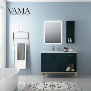VAMA工厂48英寸实木地板浴室梳妆台不锈钢腿浴室柜石英梳妆台1个水槽梳妆台603048