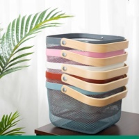Houten handvat metalen gaas opbergmand met deksel Instagram stijl rechthoekige fruit- en groenteorganizer voor thuis keuken bureau