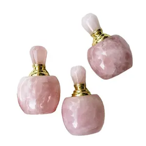 Natural Healing Stone Rose Quartz Perfume Bottle Pendants Gemstone Charm Pendant for Jewelry Making Drop Gold Color