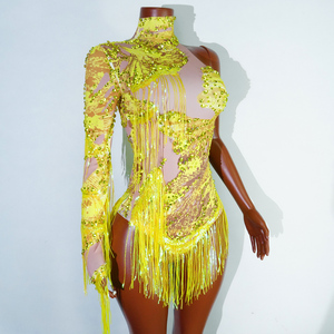 Pantalon en Spandex/Coton à Franges de Strass Jaune Fluorescent Éblouissant pour Spectacles Scéniques, Danse de Salon, Cabaret, Stars Pop et Divas - Product Image 5