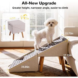 ZinCe Dog Stairs 17.13 In H Foldable Pet <b>Steps</b> For <b>Small</b> Dogs Non Slip Wooden Ramp With Ottoman Light Beige Rectangle - Product Image 3