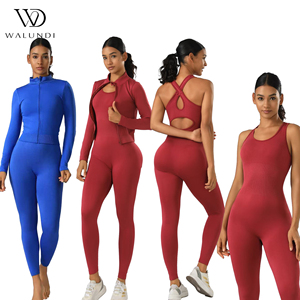 Conjuntos de Yoga de 3 piezas, <span class=keywords><strong>Mono</strong></span> <span class=keywords><strong>cruzado</strong></span> con espalda abierta y chaqueta con cremallera para mujer, entrenamiento físico, gimnasio, correr, conjunto de ropa deportiva de cintura alta - Product Image 1