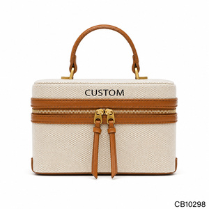 Sac de toilette vintage en toile avec garniture en cuir PU |   Élégante trousse de maquillage, sac à main, sac bandoulière pour femmes |   Échantillons en 7 à 10 jours - Product Image 1