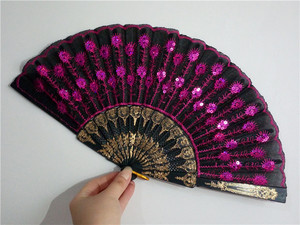 New European Gypsy Style Folding Fan Eco-Friendly Bamboo Multicolor <b>Sequin</b> Painted Plastic Lining Peacock Design All Festivals - Product Image 6
