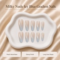 K725 Kaixin Ongles à presser Ombré Bleu Glacé, Bleu Intérieur, French, Forme Ovale Longue, Nail Art