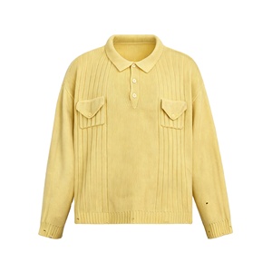 Suéter de punto para hombre, estilo polo, con botones, bolsillos con solapa, mezcla de algodón, lavado vintage, efecto desgastado, corte relajado. - Product Image 1