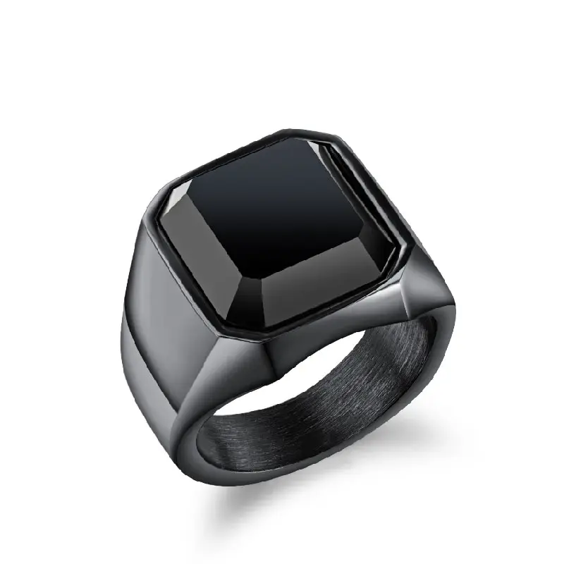Anel de aço inoxidável cristal quadrado, anel masculino de design simples com pedra de vidro preto, joia masculina, 2021