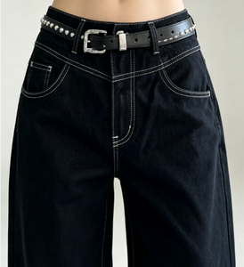 Jean décontracté noir délavé taille haute à jambe large pour femme, coupe ample, longueur intégrale, avec ceinture, style automne - Product Image 5