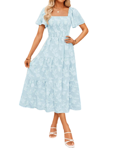 Bán Buôn Thấp <span class=keywords><strong>Moq</strong></span> Của Phụ Nữ Mùa Hè Hoa Voan Ăn Mặc 2025 Bộ Sưu Tập Mới Cổ Vuông Ngắn Tay Áo Cao Eo Smocking Giản Dị - Product Image 6