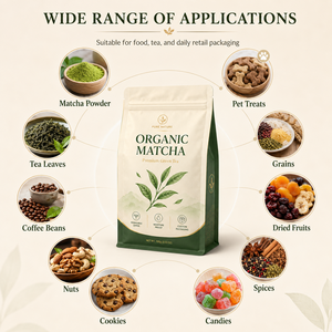 Kantong Kemasan Bawah Rata dengan Ritsleting, Desain Baru, Cetak Kustom, Bahan Food Grade, Dapat Ditutup Kembali, untuk Bubuk Teh Matcha Organik, Segel Delapan Sisi - Product Image 2