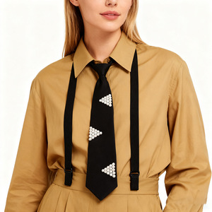 Elegante Corbata de Perlas para Mujer, Estilo Preppy, Sin Nudo, Diseño Japonés, Corbata de Poliéster Negra - Product Image 2