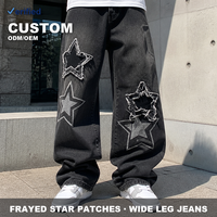 Jeans noirs personnalisés pour hommes en coton denim, patchwork étoilé, déchirés, coupe ample et droite pour un style décontracté et streetwear
