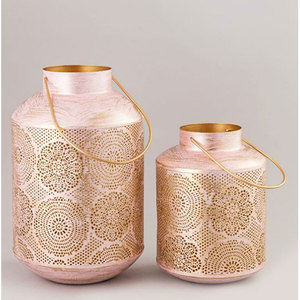 Turquoise Metal Lantern <b>Set</b> Of 3 Round With Gold Accents And Handle - Product Image 2