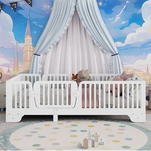 Cama Infantil Multifuncional Blanca de Madera Maciza con Barandillas de Seguridad, Cuna Ajustable para Dormitorio Infantil - Product Image 3