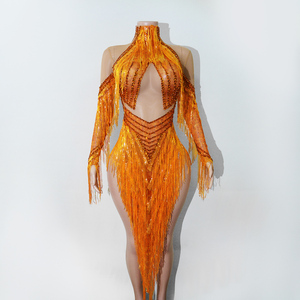 Body de Lujo Naranja con Flecos y Pedrería - Atuendo de Baile con Borlas Estilo Fuego para <span class=keywords><strong>Samba</strong></span>, Baile Latino, Festivales Rave y Diva del Carnaval - Product Image 1