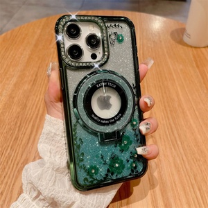 Nouvelle coque de luxe pour iPhone 16 15 14 13 12 Pro Max avec objectif caméra diamanté, motif floral, anneau magnétique scintillant et béquille - Product Image 3