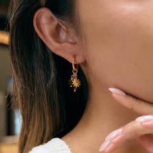 Pendientes de aro con diseño de estrella y luna, ojo de tigre, tono dorado, aleación de zinc, acero inoxidable, pendientes colgantes de moda para mujer - Product Image 3