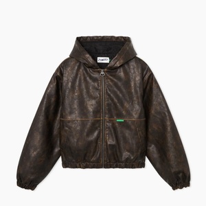 Clothing Custom Vintage Pu Leather <b>Jackets</b> Hoodies for <b>Men</b> Street Wear Heavyweight Oversize Zipper Leather Hoodie Manufacturer - Product Image 2