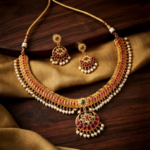 Premium Matt Gold Temple <b>Necklace</b> Set with <b>Ruby</b> Stones Pearl Drops Traditional Bridal Party Wear Jewellery for Women Set - Product Image 1